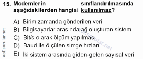 15. soru: Modemlerin sınıflandırılmasında aşağıdakilerden hangisi kullanılmaz? A) Birim zamanda gönderilen veri B) Bilgisayarla…