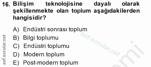 16. soru: Bilişim teknolojisine dayalı olarak şekillenmekte olan toplum aşağıdakilerden hangisidir? A) Endüstri sonrası toplum…