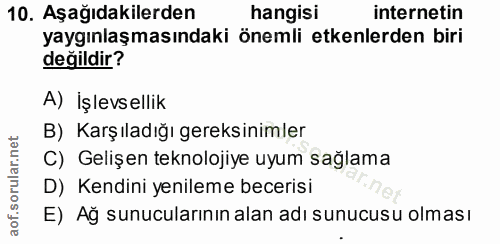 10. soru: Aşağıdakilerden hangisi internetin yaygınlaşmasındaki önemli etkenlerden biri değildir? A) İşlevsellik B) Karşıladığı…