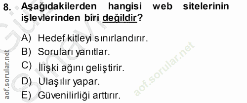 8. soru: •Aşağıdakilerden hangisi web sitelerinin işlevlerinden biri değildir? A) Hedef kitleyi sınırlandırır. B) Soruları yan…
