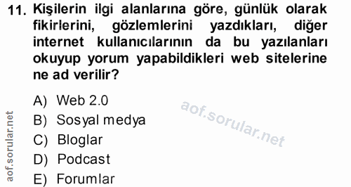11. soru: Kişilerin ilgi alanlarına göre, günlük olarak fikirlerini, gözlemlerini yazdıkları, diğer internet kullanıcılarının d…