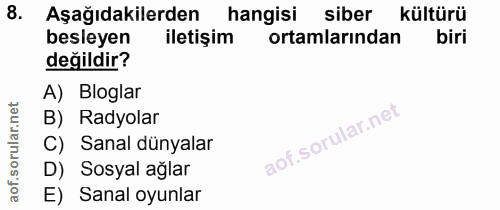 8. soru: Aşağıdakilerden hangisi siber kültürü besleyen iletişim ortamlarından biri değildir? A) Bloglar B) Radyolar C) Sanal…