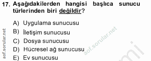 17. soru: Aşağıdakilerden hangisi başlıca sunucu türlerinden biri değildir? A) Uygulama sunucusu B) İletişim sunucusu iof. C) D…