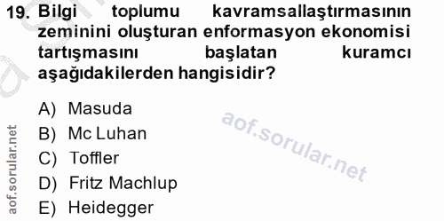 19. soru: Bilgi toplumu kavramsallaştırmasının zeminini oluşturan enformasyon ekonomisi tartışmasını başlatan kuramcı aşağıdaki…