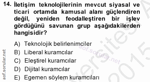 14. soru: İletişim teknolojilerinin mevcut siyasal ve ticari ortamda kamusal alanı güçlendiren değil, yeniden feodalleştiren bi…