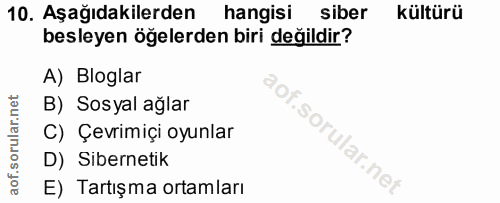 10. soru: Aşağıdakilerden hangisi siber kültürü besleyen öğelerden biri değildir? A) Bloglar B) Sosyal ağlar C) Çevrimiçi oyunl…