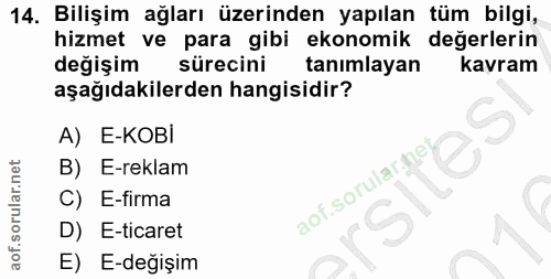14. soru: Bilişim ağları üzerinden yapılan tüm bilgi, hizmet ve para gibi ekonomik değerlerin değişim sürecini tanımlayan kavra…