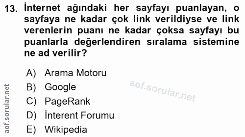 13. soru: Internet ağındaki her sayfayı puanlayan, o sayfaya ne kadar çok link verildiyse ve link verenlerin puanı ne kadar çok…