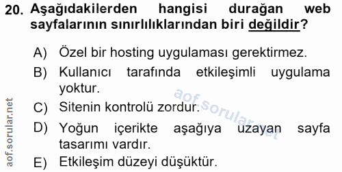 20. soru: Aşağıdakilerden hangisi durağan web sayfalarının sınırlılıklarından biri değildir? A) Özel bir hosting uygulaması ger…