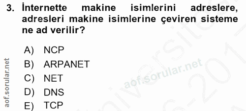 3. soru: Internette makine isimlerini adreslere, adresleri makine isimlerine çeviren sisteme ne ad verilir? A) NCP B) ARPANET…