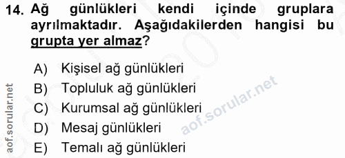 14. soru: Ag günlükleri kendi içinde gruplara ayrılmaktadır. Aşağıdakilerden hangisi bu grupta yer almaz? A) Kişisel ağ günlükl…