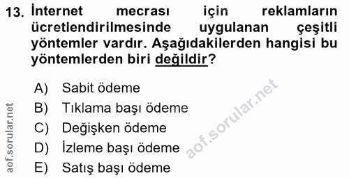 13. soru: Internet mecrasi için reklamların ücretlendirilmesinde uygulanan çeşitli yöntemler vardır. Aşağıdakilerden hangisi bu…