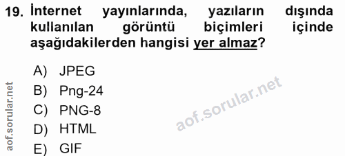 19. soru: Internet yayınlarında, yazıların dışında kullanılan görüntü biçimleri içinde aşağıdakilerden hangisi yer almaz? A) JP…