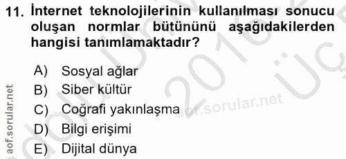 11. soru: Internet teknolojilerinin kullanılması sonucu oluşan normlar bütününü aşağıdakilerden hangisi tanımlamaktadır? A) Sos…