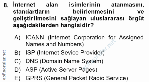 8. soru: Internet alan isimlerinin atanmasını, standartların belirlenmesini ve geliştirilmesini sağlayan uluslararası örgüt aş…