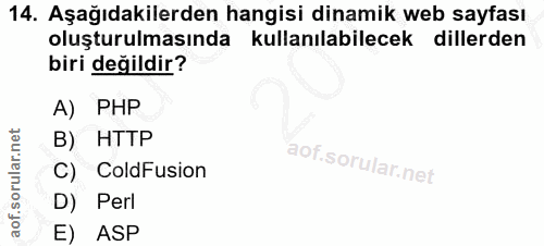 14. soru: Aşağıdakilerden hangisi dinamik web sayfası oluşturulmasında kullanılabilecek dillerden biri değildir? A) PHP B) HTTP…