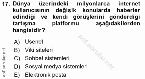 17. soru: Dünya üzerindeki milyonlarca internet kullanıcısının değişik konularda haberler edindiği ve kendi görüşlerini gönderd…