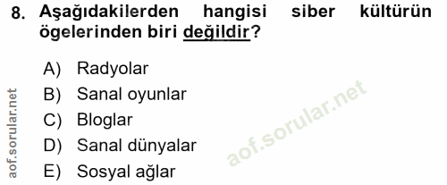 8. soru: Aşağıdakilerden hangisi siber kültürün ögelerinden biri değildir? A) Radyolar B) Sanal oyunlar C) Bloglar D) Sanal dü…