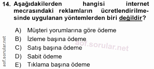 14. soru: Aşağıdakilerden hangisi internet mecrasındaki reklamların ücretlendirilme- sinde uygulanan yöntemlerden biri değildir…