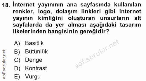 18. soru: Internet yayınının ana sayfasında kullanılan renkler, logo, dolaşım linkleri gibi internet yayının kimliğini oluştura…