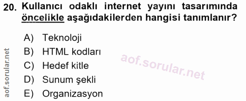 20. soru: Kullanıcı odaklı internet yayını tasarımında öncelikle aşağıdakilerden hangisi tanımlanır? A) Teknoloji B) _ HTML kod…