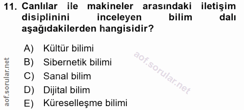 11. soru: Canlılar ile makineler arasındaki iletişim disiplinini inceleyen bilim aşağıdakilerden hangisidir? A) Kültür bilimi B…