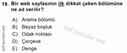 19. soru: Bir web sayfasının ilk dikkat çeken bölümüne ne ad verilir? A) Arama bölümü B) Beyaz boşluk C) Odak noktası D) Çerçev…