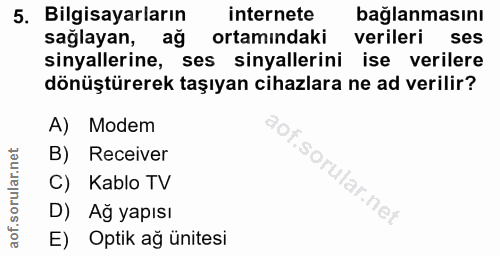 5. soru: Bilgisayarların internete bağlanmasını sağlayan, ağ ortamındaki verileri ses sinyallerine, ses sinyallerini ise veril…