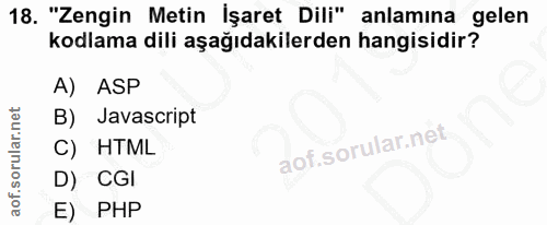 18. soru: "Zengin Metin İşaret Dili" anlamına gelen kodlama dili aşağıdakilerden hangisidir? ASP B) Javascript C) HTML D) CGl E…