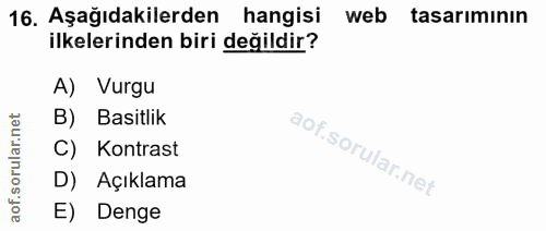 16. soru: Aşağıdakilerden hangisi web tasarımının ilkelerinden biri değildir? A) Vurgu B) Basitlik C) Kontrast D) Açıklama E) D…
