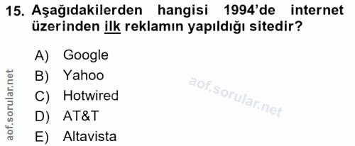 15. soru: Aşağıdakilerden hangisi 1994'de internet üzerinden ilk reklamın yapıldığı sitedir? A) Google B) Yahoo C) Hotwired D)…