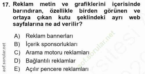 17. soru: Reklam metin ve grafiklerini içerisinde barındıran, özellikle birden görünen ve ortaya çıkan kutu şeklindeki ayrı web…
