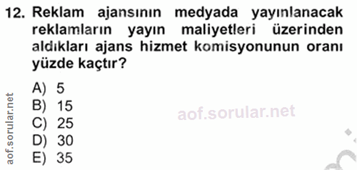 12. soru: Reklam ajansının medyada yayınlanacak reklamların yayın maliyetleri üzerinden aldıkları ajans hizmet komisyonunun ora…
