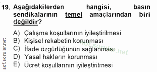 19. soru: Aşağıdakilerden hangisi, basın sendikalarının temel amaçlarından biri değildir? A) Çalışma koşullarının iyileştirilme…