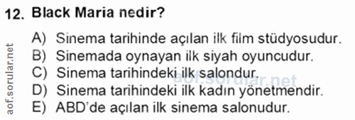 12. soru: Black Maria nedir? A) Sinema tarihinde açılan ilk film stüdyosudur. B) Sinemada oynayan ilk siyah oyuncudur. C) Sinem…
