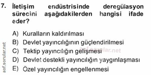 7. soru: Iletişim endüstrisinde deregülasyon sürecini aşağıdakilerden hangisi ifade eder? A) Kuralların kaldırılması B) Devlet…