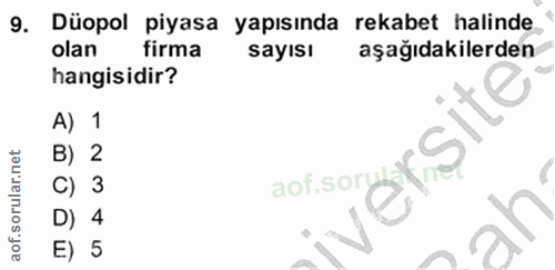 9. soru: Düopol piyasa yapısında rekabet halinde olan firma sayısı aşağıdakilerden hangisidir? A) 1 B) 2 horonrsite" C) 3 D) 4…