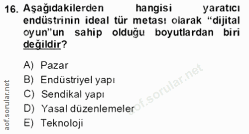 16. soru: Aşağıdakilerden hangisi yaratıcı endüstrinin ideal tür metası olarak "dijital oyun"un sahip olduğu boyutlardan biri d…