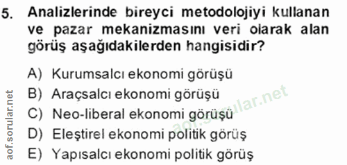 5. soru: Analizlerinde bireyci metodolojiyi kullanan ve pazar mekanizmasını veri olarak alan görüş aşağıdakilerden hangisidir?…