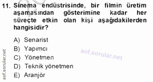 11. soru: Sinema endüstrisinde, bir filmin üretim aşamasından gösterimine kadar her süreçte etkin olan kişi aşağıdakilerden han…