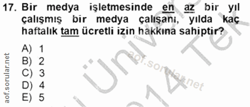 17. soru: Bir medya işletmesinde en az bir yil çalışmış bir medya çalışanı, yılda kaç haftalık tam ücretli izin hakkına sahipti…
