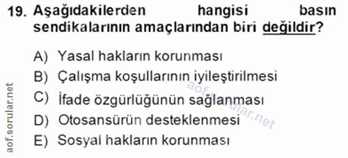 19. soru: Aşağıdakilerden hangisi basın sendikalarının amaçlarından biri değildir? A) Yasal hakların korunması B) Çalışma koşul…