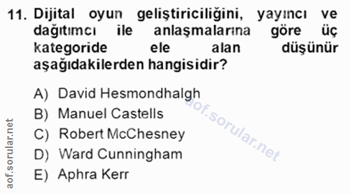 11. soru: Dijital oyun geliştiriciliğini, yayıncı ve dağıtımcı ile anlaşmalarına göre üç kategoride ele alan düşünür aşağıdakil…