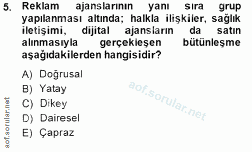 5. soru: Reklam ajanslarının yanı sıra grup yapılanması altında; halkla ilişkiler, sağlık iletişimi, dijital ajansların da sat…