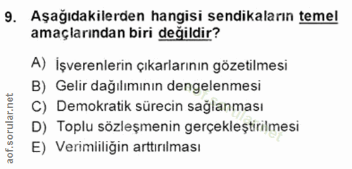 9. soru: Aşağıdakilerden hangisi sendikaların temel amaçlarından biri değildir? A) İşverenlerin çıkarlarının gözetilmesi B) Ge…