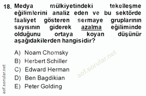 18. soru: Medya mülkiyetindeki tekeileşme eğilimlerini analiz eden ve bu sektörde faaliyet gösteren sermaye gruplarınin sayısın…
