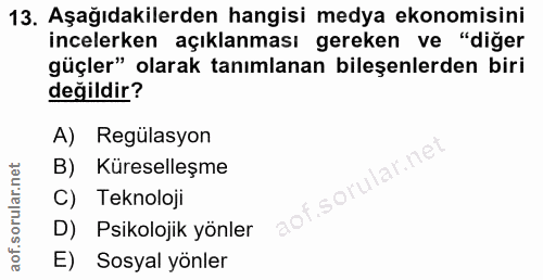 13. soru: Aşağıdakilerden hangisi medya ekonomisini incelerken açıklanması gereken ve "diğer güçler" olarak tanımlanan bileşenl…