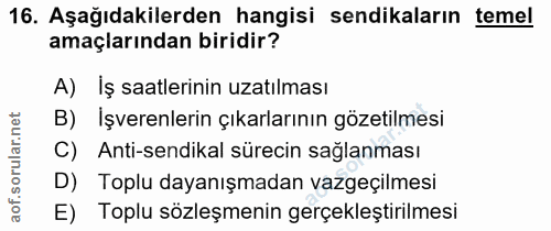 16. soru: Aşağıdakilerden hangisi sendikaların temel amaçlarından biridir? A) İş saatlerinin uzatılması B) İşverenlerin çıkarla…