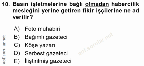 10. soru: Basın işletmelerine bağlı olmadan habercilik mesleğini yerine getiren fikir işçilerine ne ad verilir? A) Foto muhabir…
