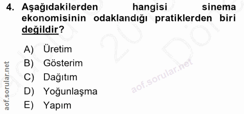 4. soru: Aşağıdakilerden hangisi sinema ekonomisinin odaklandığı pratiklerden biri değildir? A) Üretim B) Gösterim aof.sorular…